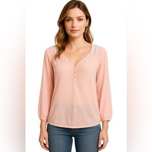 New York & Company Blush Sheer Beaded Shoulder Blouse Coquette Size XS